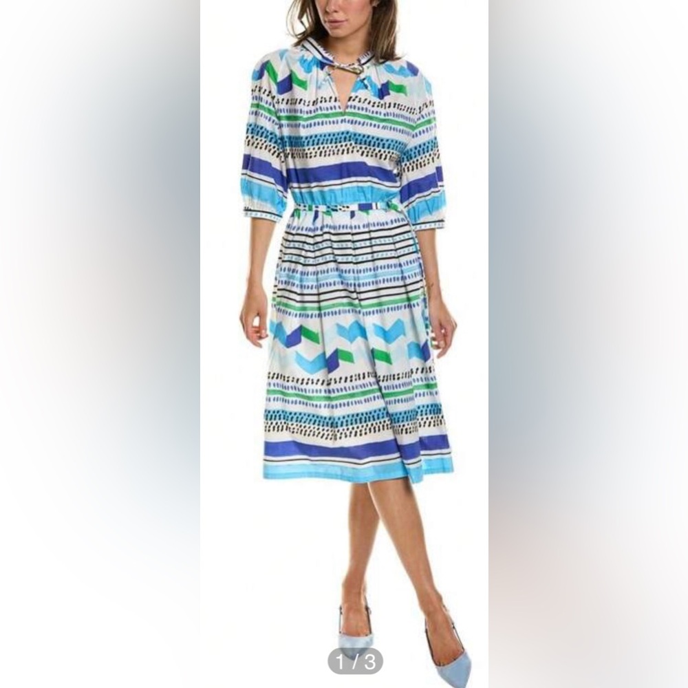 Piazza Sempione 1/2 Sleeve Anita Split V-neck Poplin Pleated Skirt Midi Dress